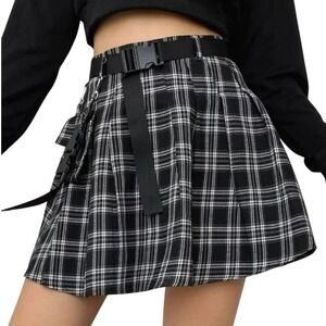 Shein Womens Mini Skirts Plaid Print  High Waist‎ Gothic Kawaii Size S With Belt